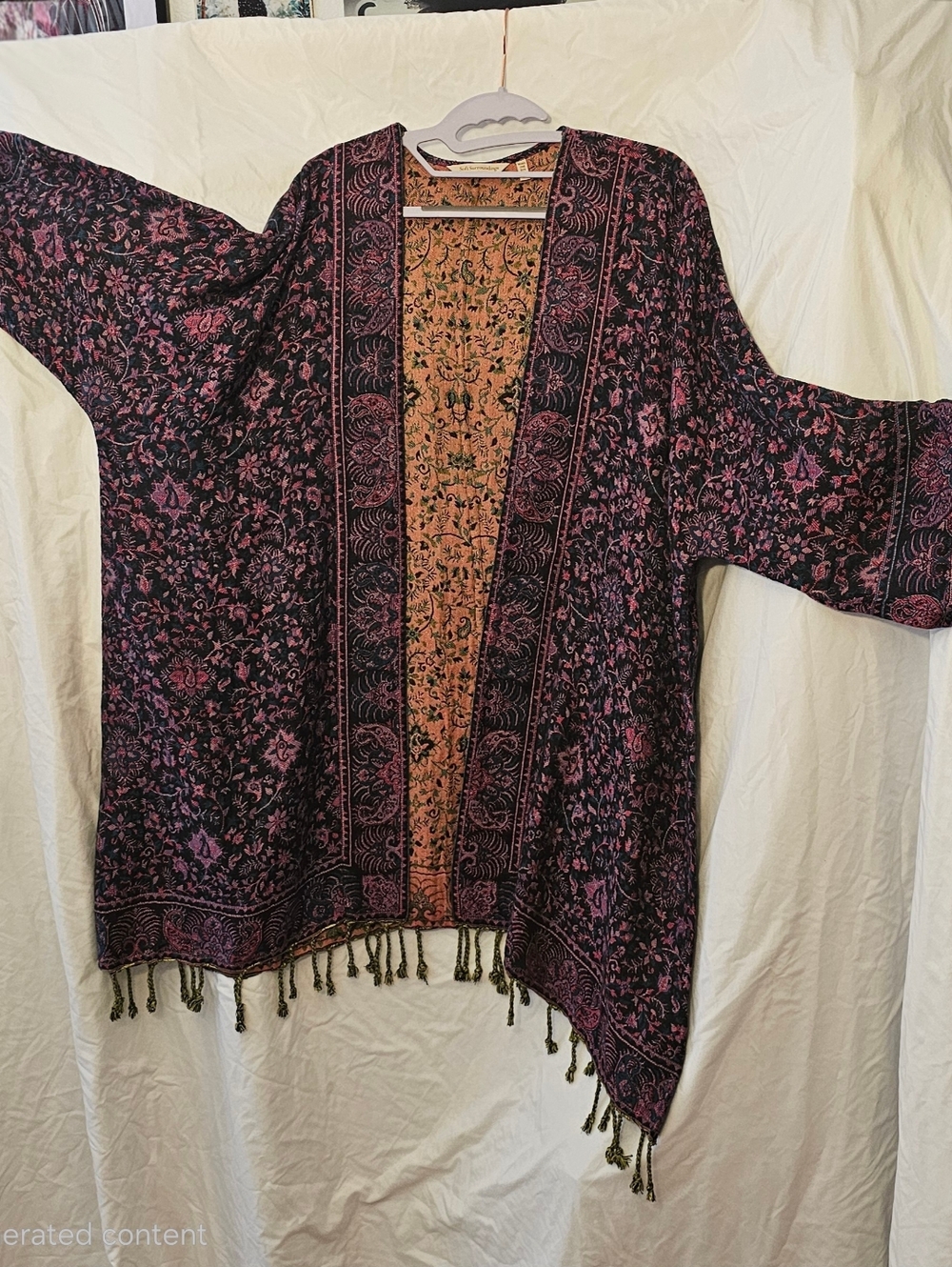 Soft Surroundings Black and Pink Floral Kimono Shrug with Tassels